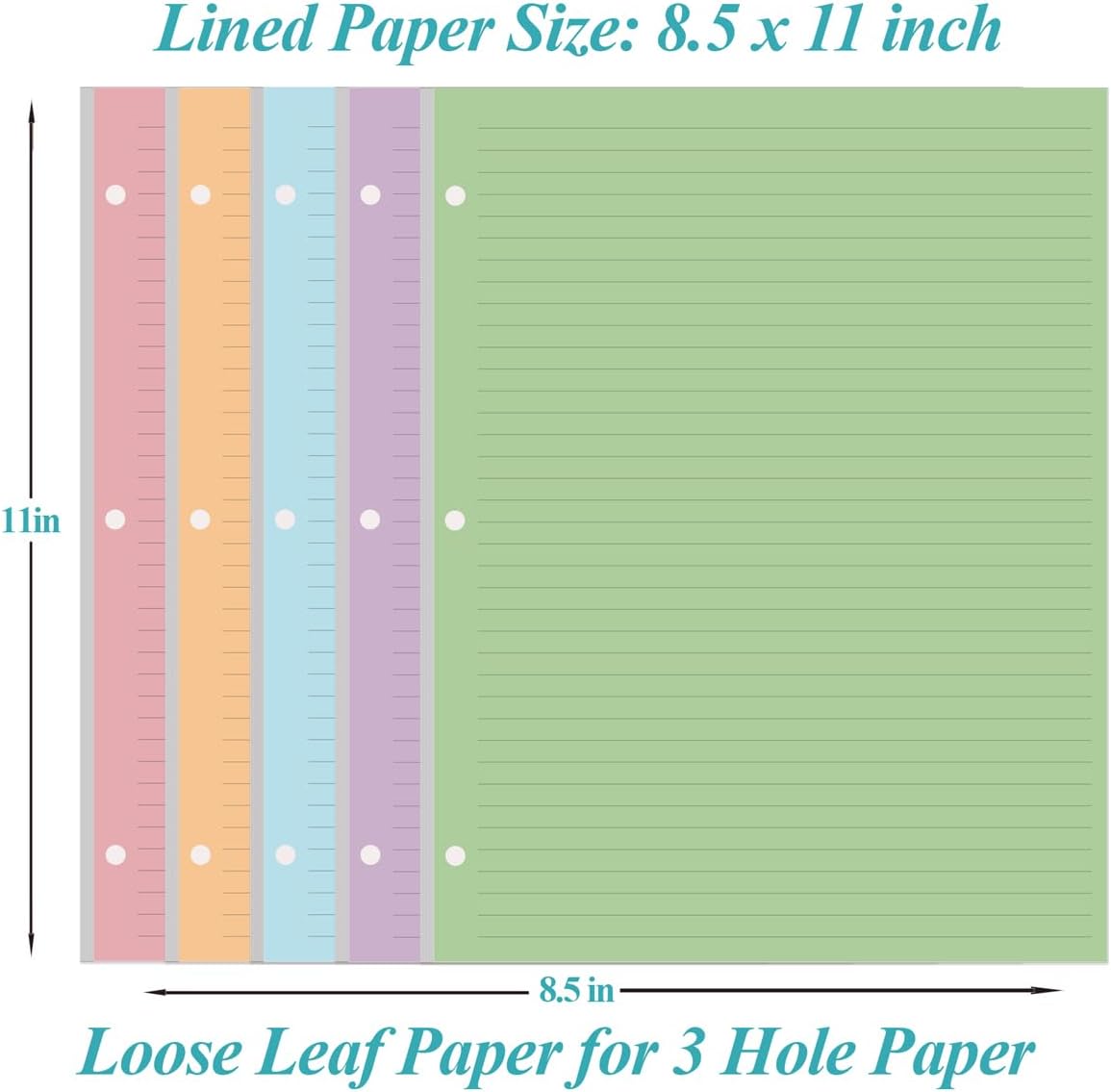 3 Hole Colorful Lined Paper - 100 Sheets/200 Pages Loose Leaf Paper Line Refills, Per Color 20 Sheets, 8.5" x 11"