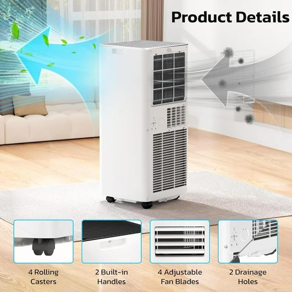 Portable Air Conditioner 8000 BTU (ASHRAE), 3-in-1 Mode AC Cools Up to 350 Sq. Ft., LED Display & Remote Control, 24H Timer, AC Unit with Window Kits for Bedroom/Dorm/Office(White)