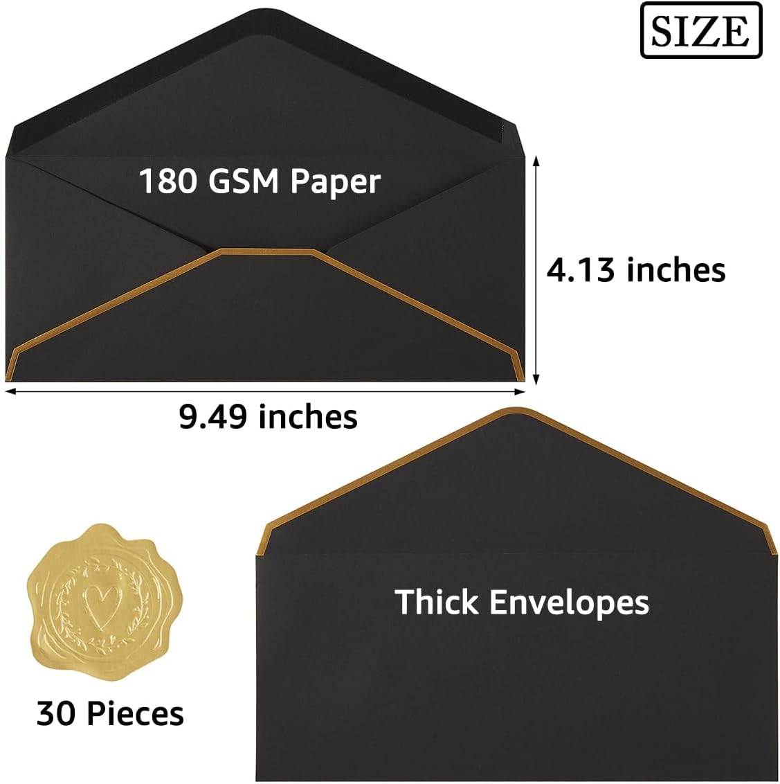 30 Pack Thick #10 Business Envelopes with Gold Border, 4 1/8 x 9 1/2 Thick Paper Standard Envelopes with Stickers for Office, Checks, Letter Mailing, Invoices (Black)
