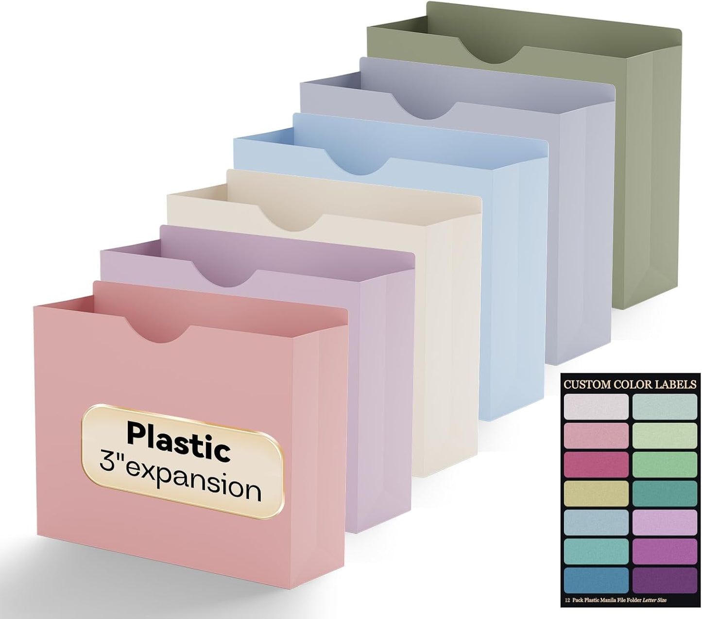 Plastic 3 Inch File Jackets Letter Size,12 Pack Manilla Pocket Folders,Expandable File Jackets for Document,Heavy Duty Expansion Pocket,Straight Cut Tabs,Poly File Jacket,Morandi Color
