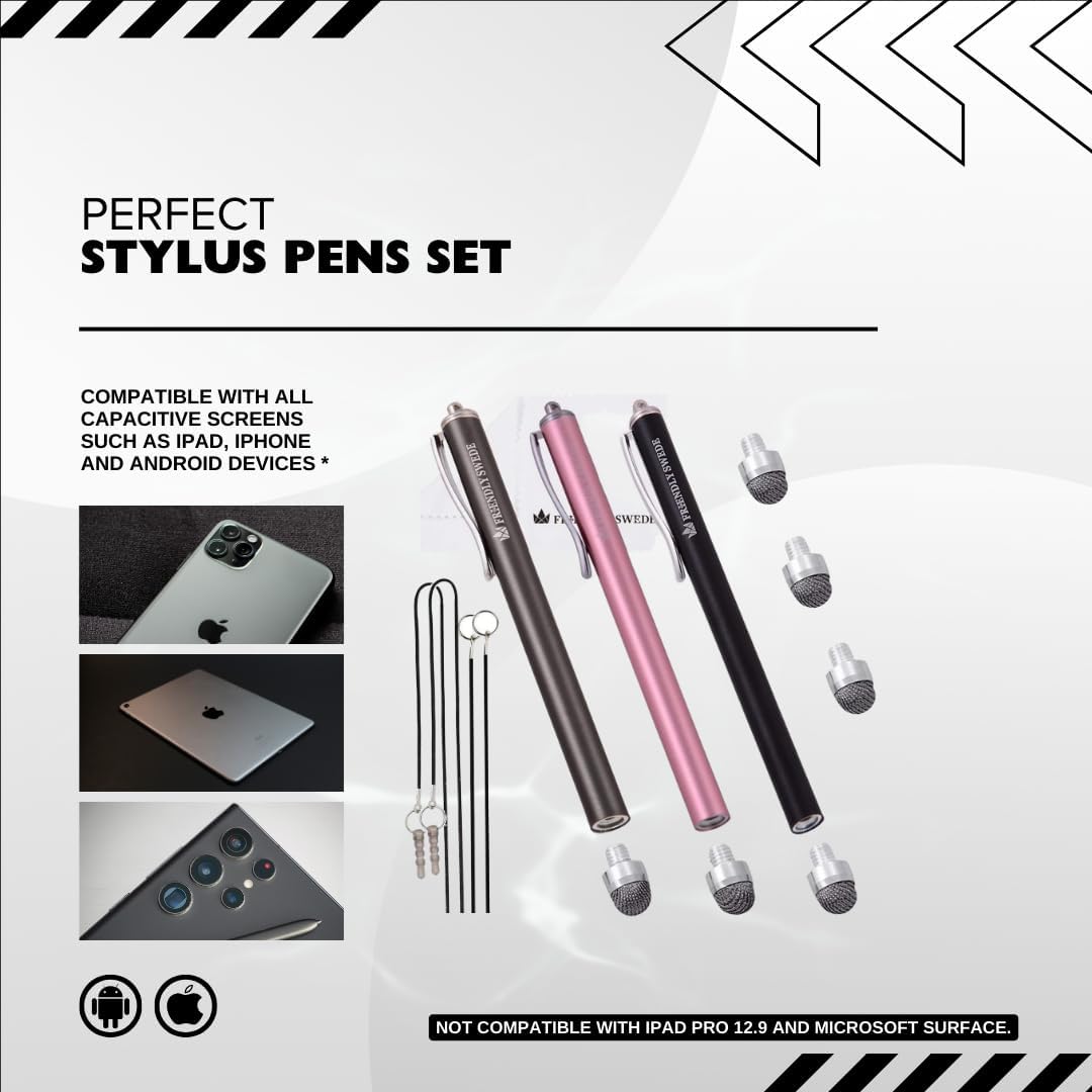 The Friendly Swede Mesh Tip Stylus Pen for Touchscreen — 3-Pack Micro-Knit Capacitive Stylus Pen for iPad & iPhone with 3 Replaceable Fiber Tips, Elastic Lanyards & Screen Cleaning Cloth