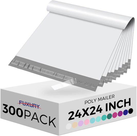 Fuxury 300 Pcs Large Poly Mailers 24x24 Inch, Bulk Shipping Bags for Clothing, Strong Adhesive Shipping Envelopes for Small Business Suppliers,Waterproof Mailers Poly Bags Mailing Envelopes White