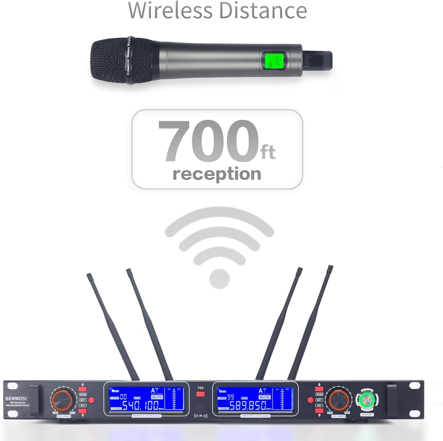 Profession Wireless Microphone System, UHF Handheld Dual Cordless Mic True Diversity Metal Microphones Set, 700ft Range, 2x100 Channels, Auto Scan, Mics for Stage/Studio/Singing/Church