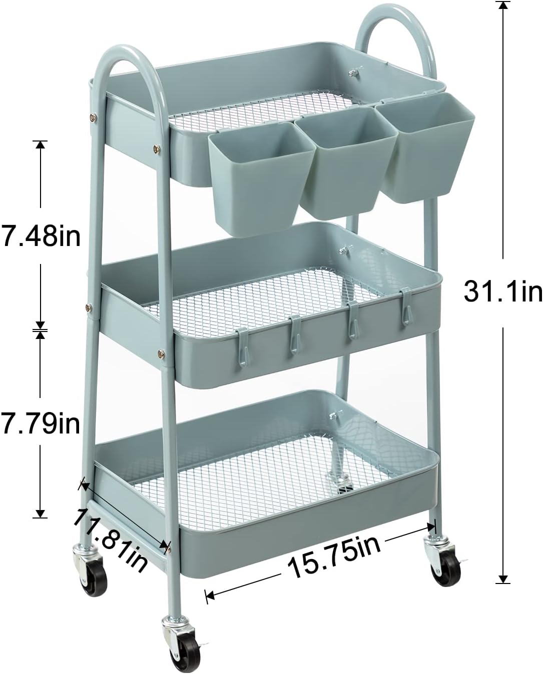 danpinera 3-Tier Rolling Cart, Metal Rolling Storage Cart with Lockable Wheels & Hanging Cups & Hooks, Mobile Trolley Cart for Kitchen, Bathroom, Office, Workshop, Gray Blue