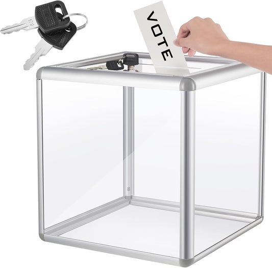 Acrylic Donation Raffle Box with Slot & Lock, Large Clear Ballot Offering Suggestion Ticket Holder for Fundraising Drawing Storage Container Tip Jar Voting Charity(12 x 12 x 12 In,Clear)