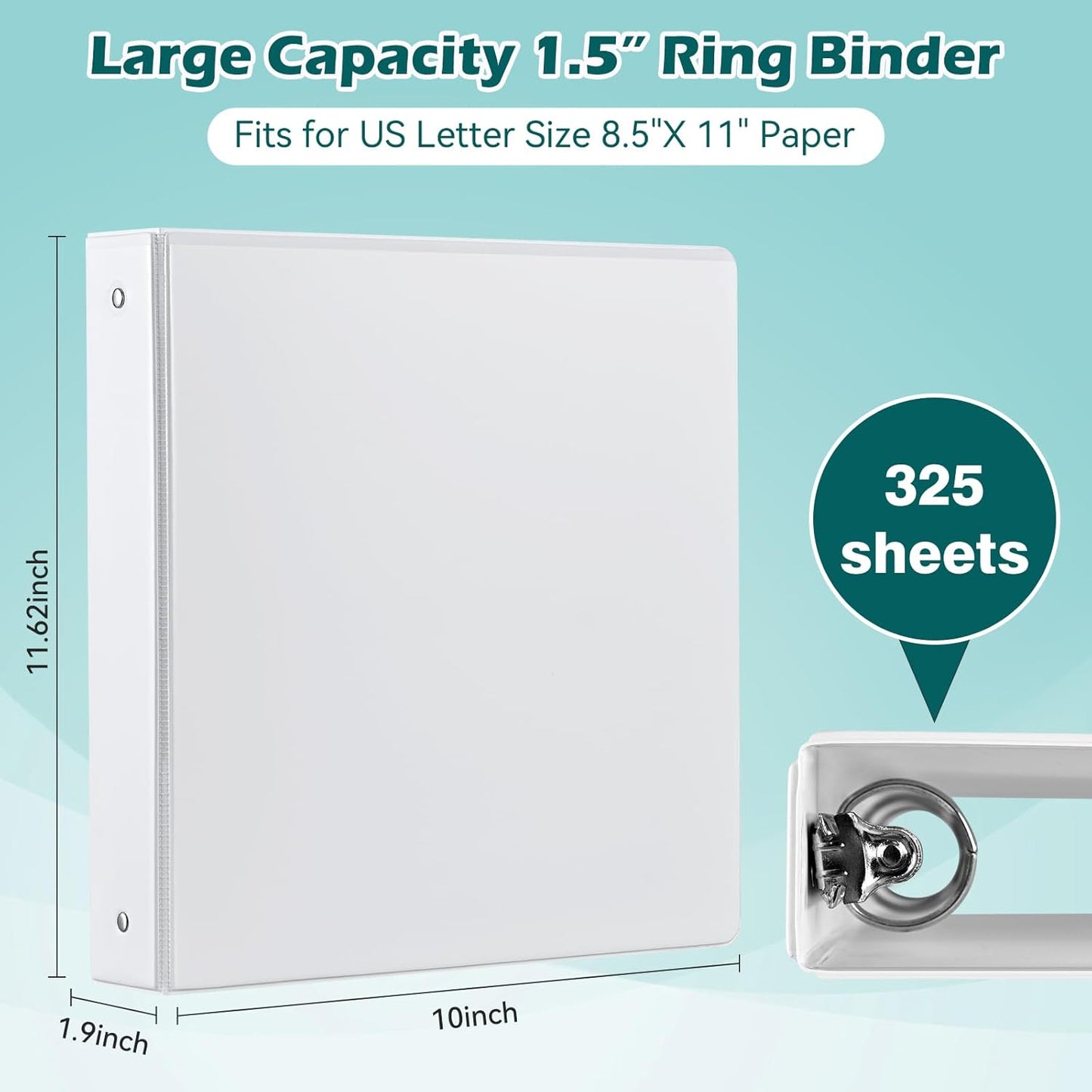 3 Ring Binder 1.5 Inch 6 Pack, 1-1/2" Clear View with Round Rings, PVC-Free,Holds for 325 Sheets 8.5X 11 US Letter Size Paper, Durable White Binders Perfect for Office,School and Home