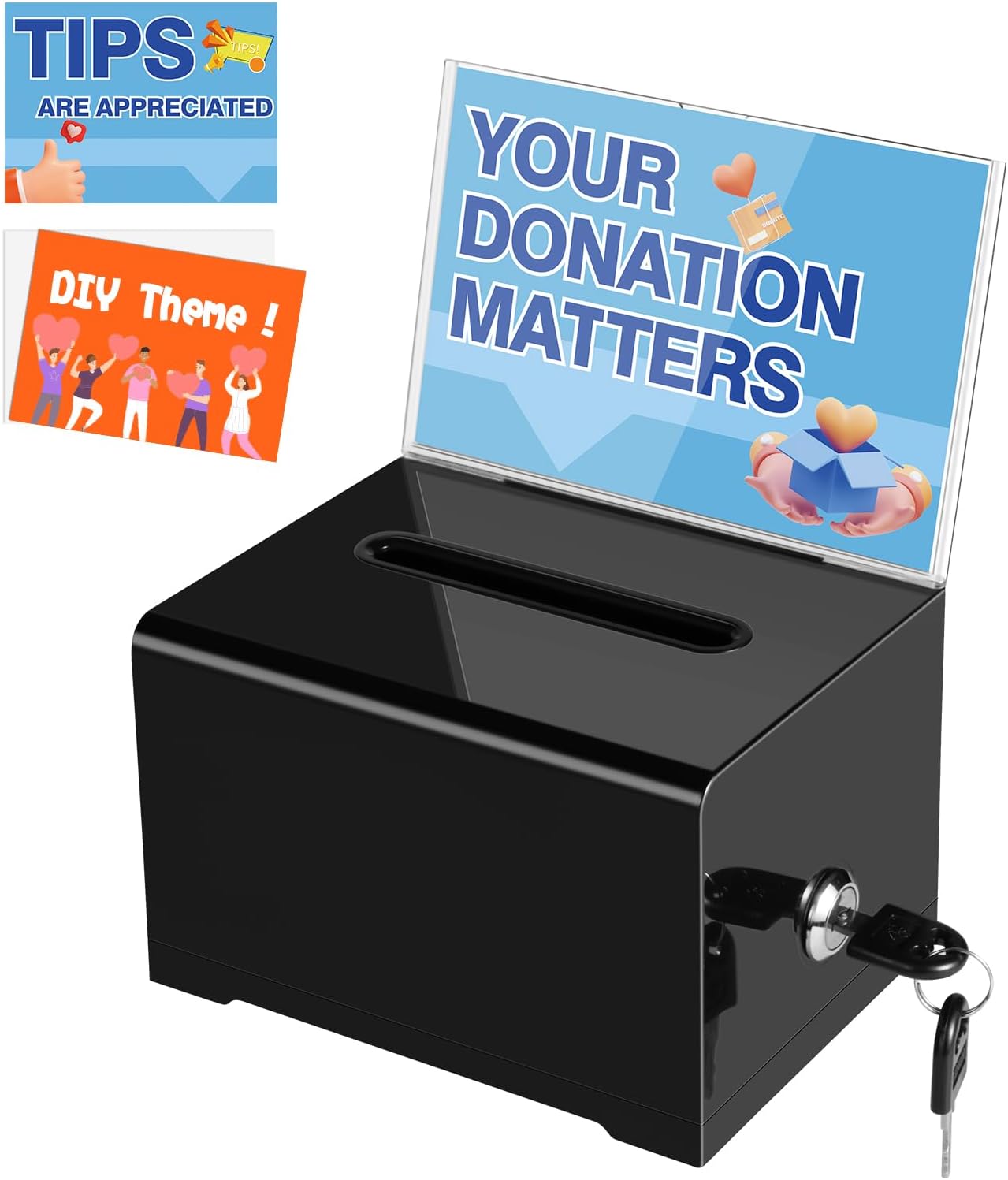 Polmart black Donation Box with Lock - Secure Ballot Box with Removable Sign Holder & 2 Keys - for Money, Cards, Votes, Tickets, Feedback Collection (4.75"D x 6.29"W x 8"H)