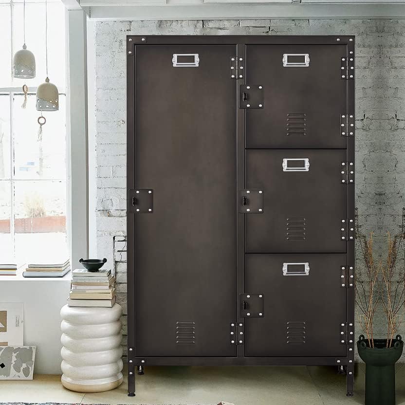 MIIIKO Steel Wardrobe Cabinet Locker, Rustic Metal Storage Cabinet with Shelf, Lockable Doors and Hanging Rod, Industrial Locker for Living Room, Bedroom, Home Office and Club