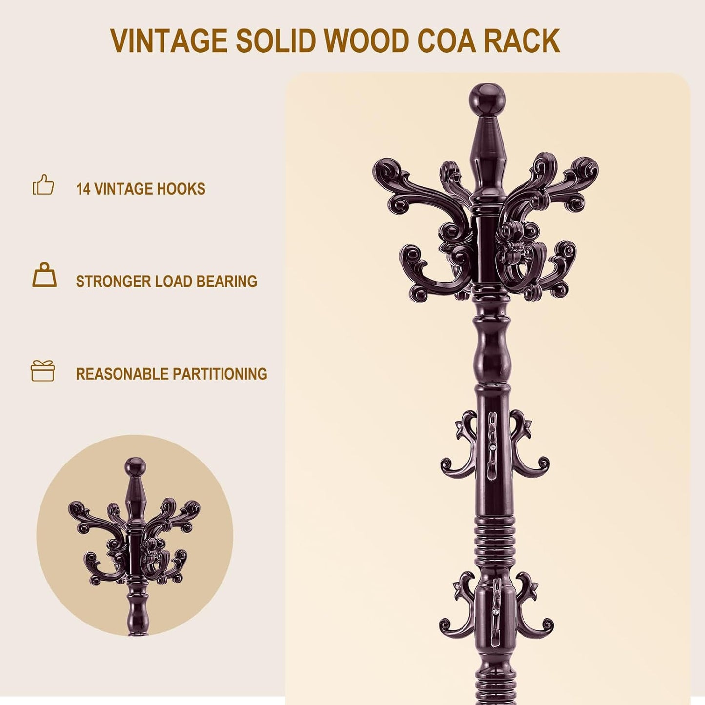 Wooden Coat Rack Stand, Vintage Solid Wood Coat Rack Freestanding with Triangle Base, Heavy Duty Coat Racks with 14 Hooks, Wood Coat Tree Hanger Stand for Entryway,Office