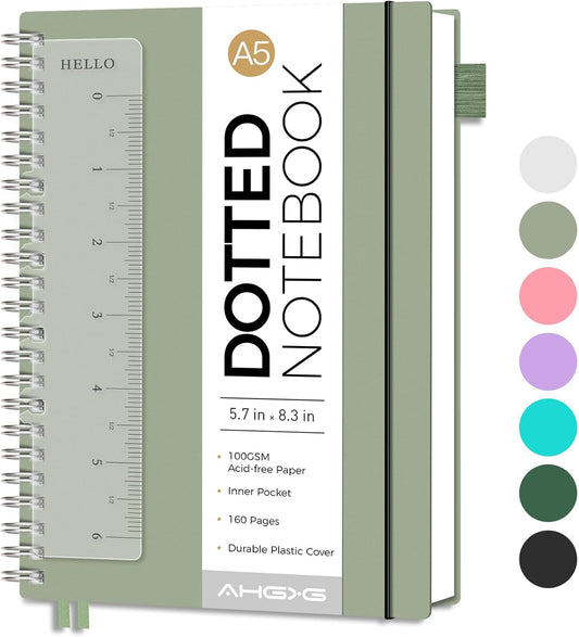AHGXG Bullet Dotted Journal - Dot Grid Spiral Notebook A5, 160 Pages, 100 GSM Thick Paper, Waterproof Plastic Cover Journals for Bullet Journaling, Sketching, 5.7" x 8.3", Sage Green