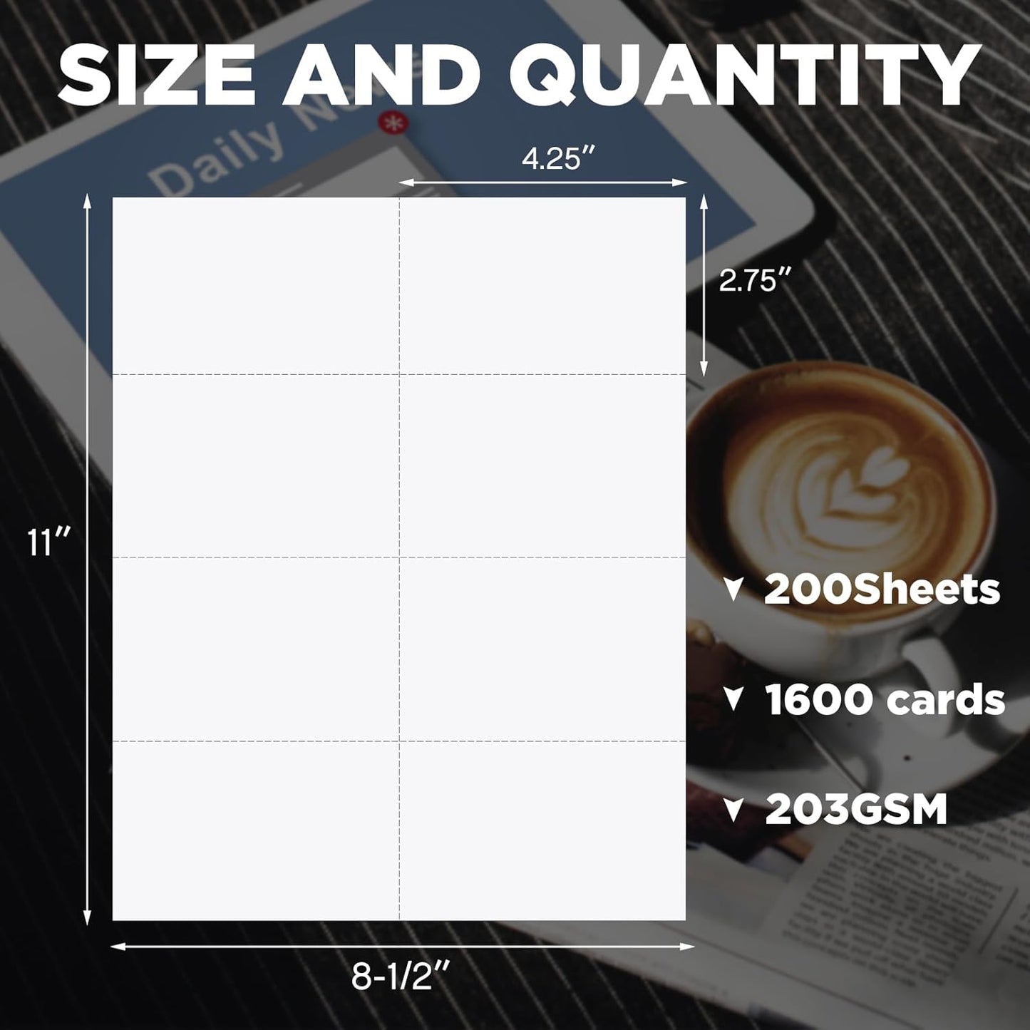 Lincia 200 Sheets 8-1/2" x 11" Blank Perforated Business Cards 8 up Per Page Thickness of 203 Gsm Compatible with Laser Ink Jet Printer White Perforated Paper Cardstock (1600 Cards - 100# Tag)