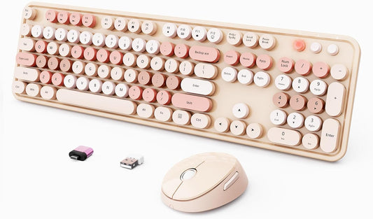 Wireless Keyboard and Mouse Combo, Ergonomic Full Size Typewriter Retro Round Keycaps Keyboard, Compatible with Windows, PC, Perfer for Home and Office Keyboards (Chocolate Color)