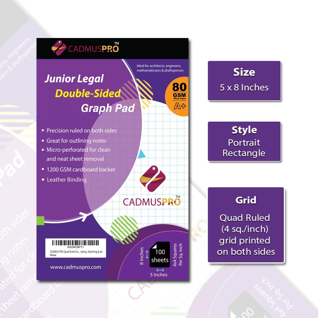 Jr. Legal 5"x8" Compact Graph Pad, 1/4" Double-Side Quadrille Grid, 21-Gram Paper, 100 sheets (200 Pages)/Pad, Sturdy Binding, Perfect for on-the-go use, Students & Professionals (4, White)