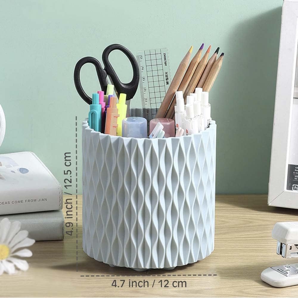 OWLFAVO Rotate Desk Organizer, Spinning Pen Holder Stationery, 360-Degree Pencil Accessories Storage Caddy Tray for College, Home, Office, Makeup Brush, 5 Compartments, Blue