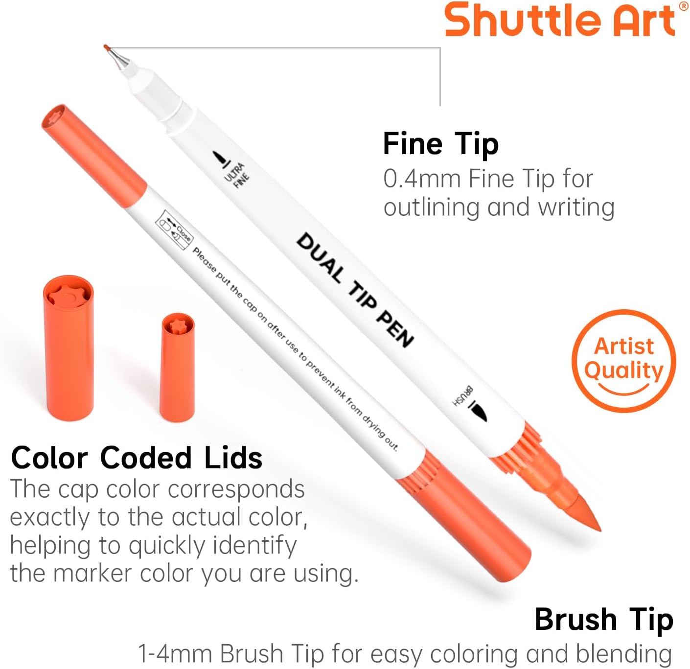 Shuttle Art Dual Brush Marker Pens, 56 Colors Water-based Ink, Dual Tip Calligraphy Pens Fineliner and Brush Tip perfect for Kids Adult Artist, Hand Lettering, Journal, Doodling, Writing
