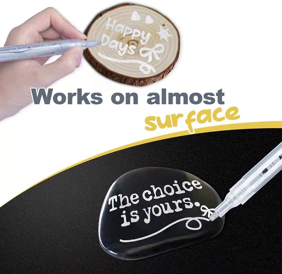 AKARUED Silver Acrylic Paint Markers, 8 Pack Acrylic Silver Paint Pen Sets for Rock Painting, Wood, Stone, Glass, Ceramic, Paper, Drawing, Art Projects, DIY Crafts, Water-Based ink, 2-3mm Medium Tip