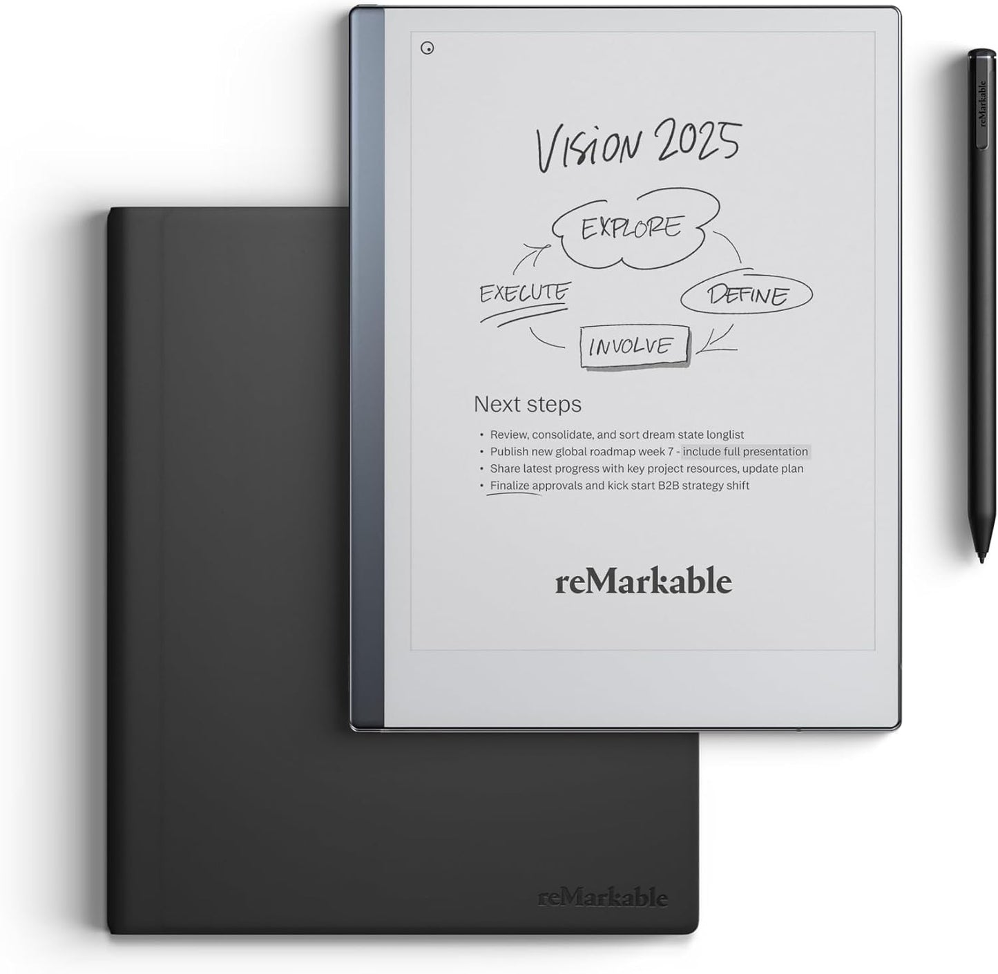 reMarkable Essentials Bundle - Leather Folio | reMarkable 2 Paper Tablet | Black and White 10.3'' Writing Tablet, Marker Plus Pen with Built-in Eraser and Book Folio Case in Black Premium Leather