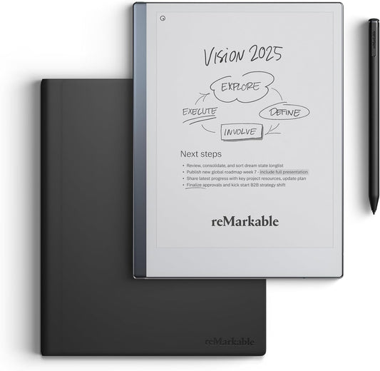 reMarkable Essentials Bundle - Leather Folio | reMarkable 2 Paper Tablet | Black and White 10.3'' Writing Tablet, Marker Plus Pen with Built-in Eraser and Book Folio Case in Black Premium Leather