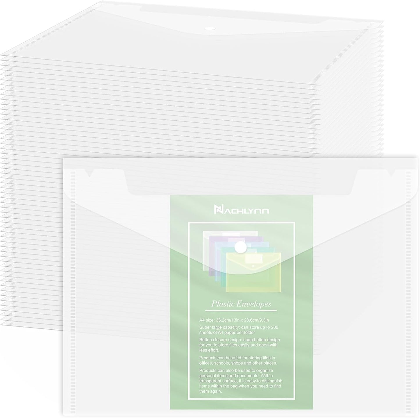 NACHLYNN 108 Pack Plastic Envelopes Poly Envelopes with Snap Closure A4 Size Clear Document File Folders Organizers Clear File for School Office Supplies