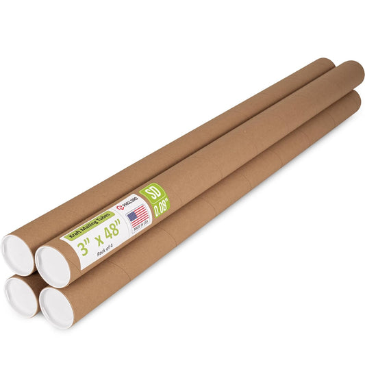 3" x 48" Reinforced Kraft Paper Mailing Tube, Pack of 4 Tubes with 8 Caps – Secure USPS Approved Poster Tube – Cardboard Tube for Shipping and Storing Posters, Prints, Artwork, or Documents