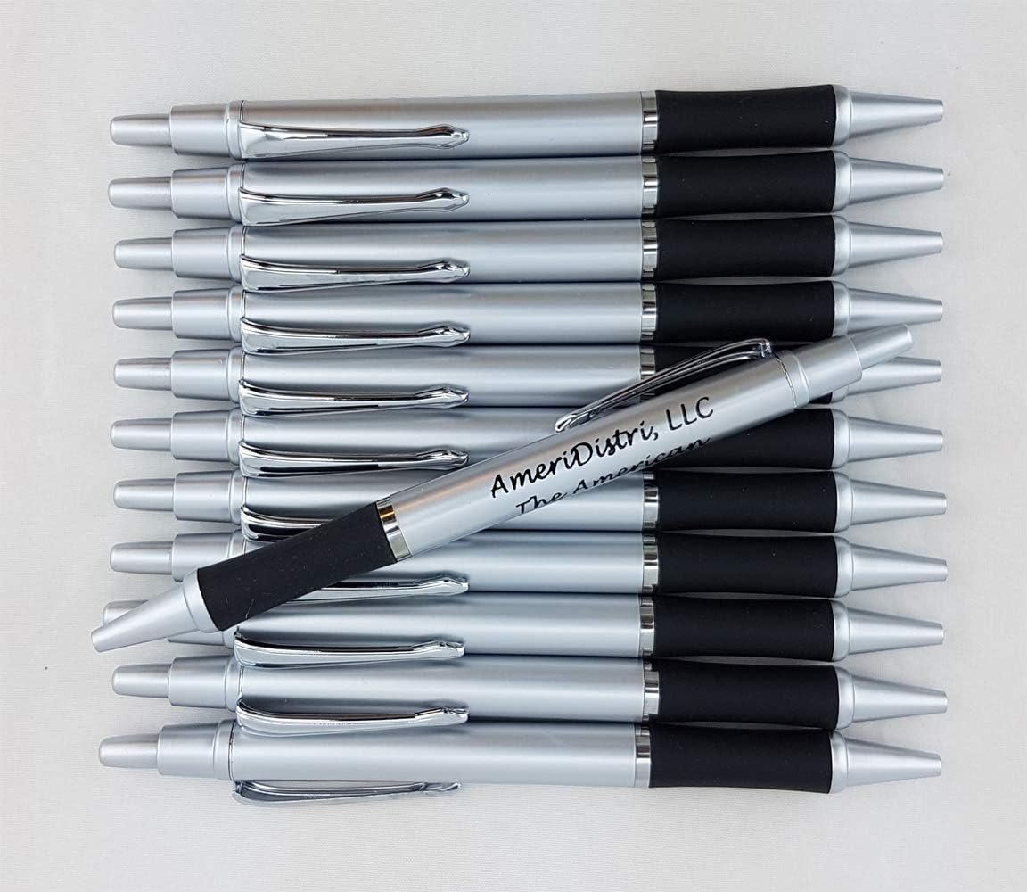 ezpencils - Personalized - Elegant Tip and Click Silver Accents on Silver Solid Color Body and Black Grip - Bullet Ballpoint Pens - 12 pkg - ** FREE PERZONALIZATION **