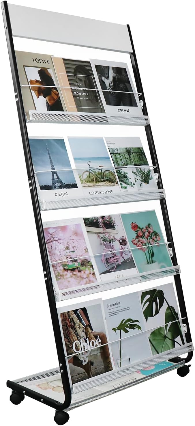 4-Tier Floor-Standing Magazine Rack with Wheels – Perfect Brochure Display Stand for Exhibitions, Offices, and Information Hubs