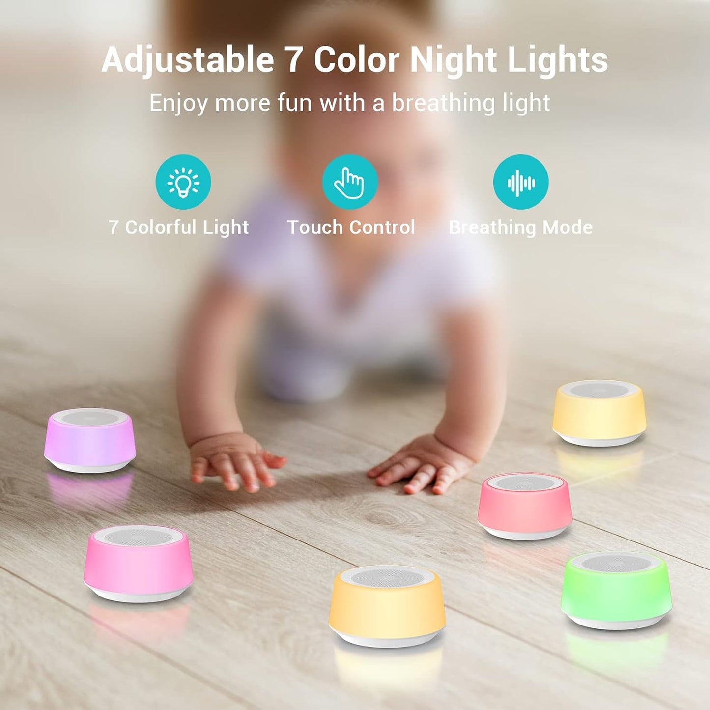 BGOVERSS White Noise Machine with 30 Soothing Sounds and 7 Colors Warm Night Light for Sleeping, 5 Timers Portable Plug in Sound Machine for Baby, Adults, White Color