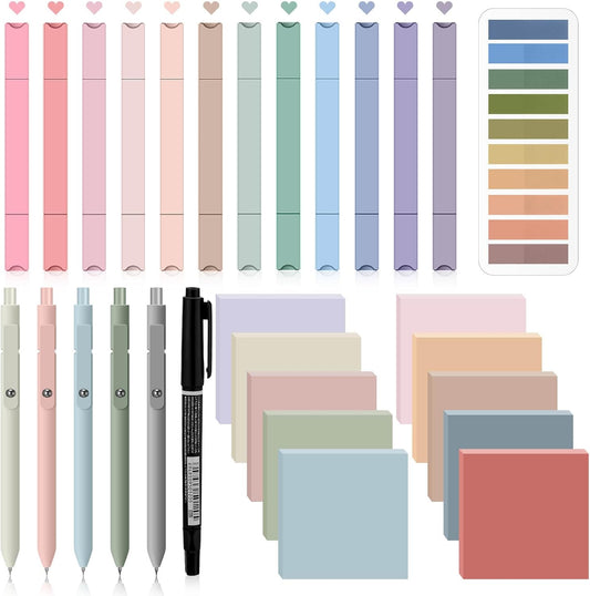 Jutom 38 Pcs Book Annotation Kit Aesthetic Highlighters Gel Pens Set Sticky Notes Tabs Markers Dual Ended Highlighter Quick Dry Ink Pens for Office Annotating Books(Retro Color,Square)
