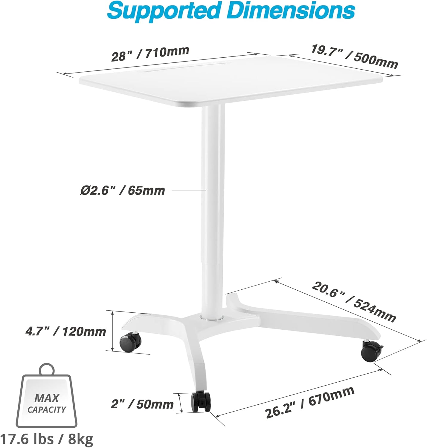 AVLT 44-inch Ambidextrous Pneumatic Laptop Standing Desk Cart (3 ft 8 in), Mobile Rolling Desk with Adjustable Height, Folding Computer & Projector Cart, White Cart with Brakes