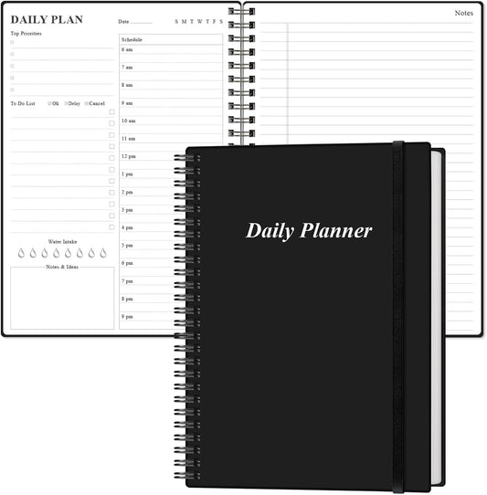 Daily Planner Undated - B5 To Do List Notebook Hourly Schedules, Spiral Appointment Planner for Women and Men, PVC Hardcover, Inner Pocket, Elastic Closure, 7" x 10", Black