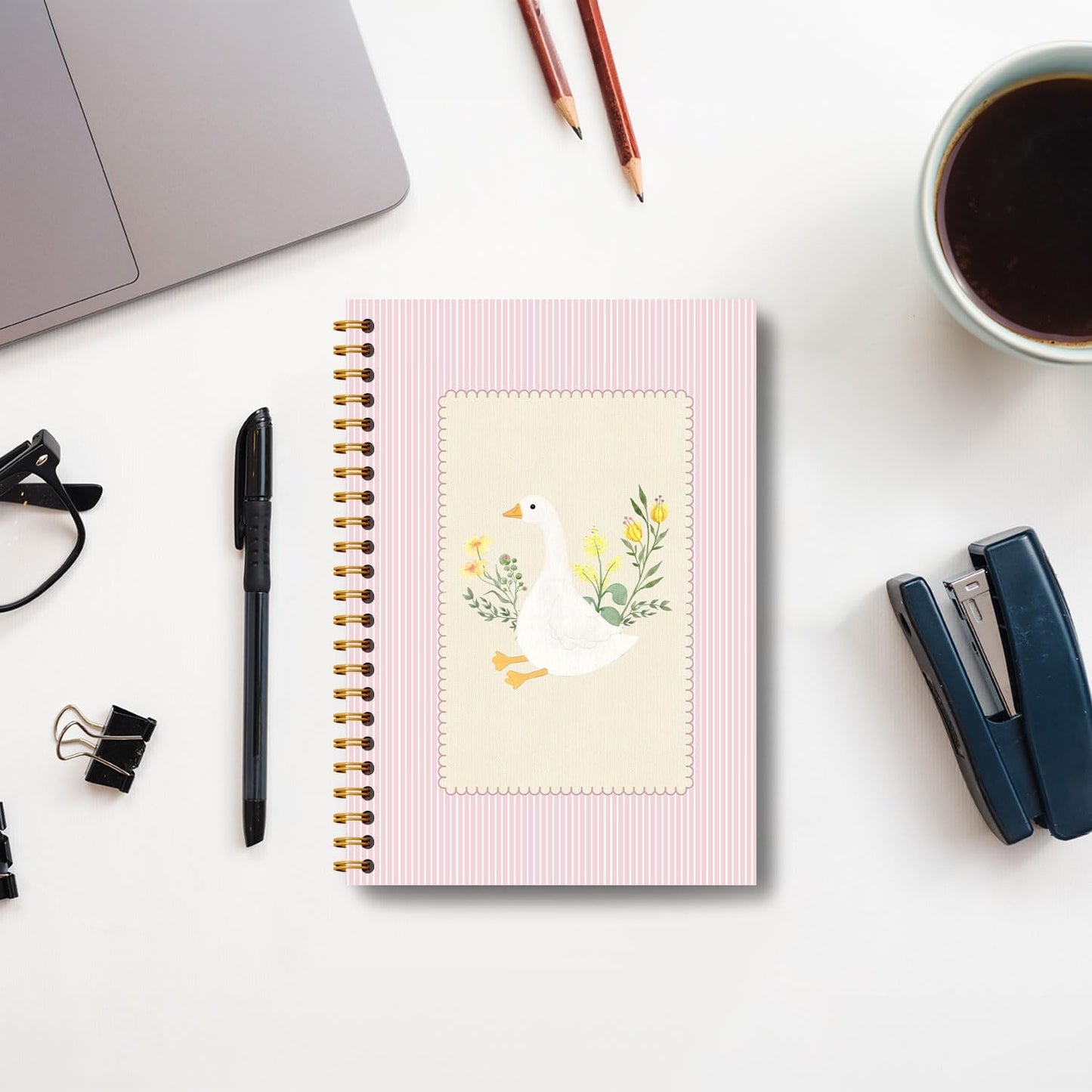 Guymn Pink Floral Goose Notebook, Preppy Aesthetic Goose Journal for Kids Girls, Geese Animal Lover Gifts Hardcover Spiral Notebooks Journals 5.5x8.3 Inch