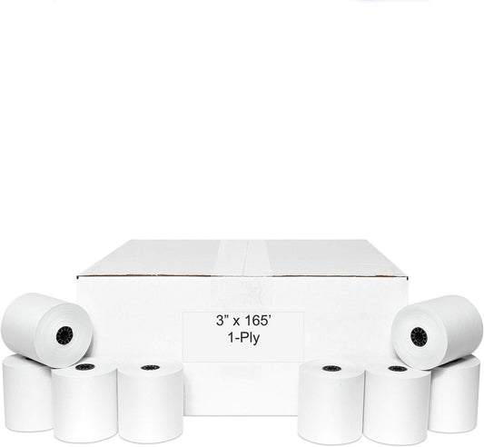 3" x 165' CASH REGISTER ROLLS,1 PLY BOND PRINTER POS PAPER ROLL 50 ROLLS/CASE (Double Solid Core)