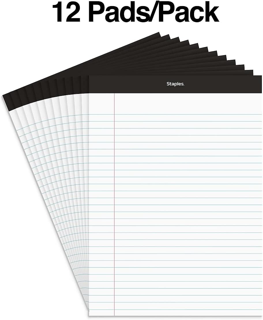 Staples TRU RED Notepads, 8.5 x 11.75 Inch, Wide Ruled Legal Pads, Writing Pad for Home, Office, School, 12-Pack, White
