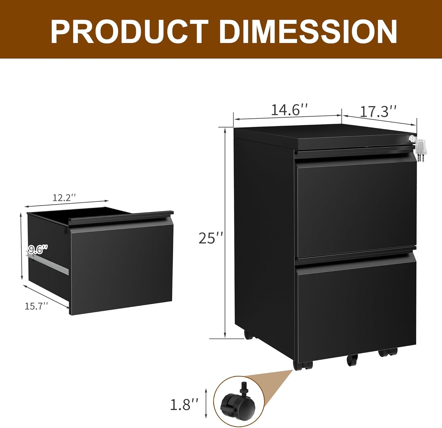 Metal Mobile File Cabinet with Lock and 4 Keys - Fully Assembled, Under Office Desk 2 Drawers Filing Cabinet for Home Office with Anti-tilt Wheels, A4/Legal/Letter Hanging File Drawers
