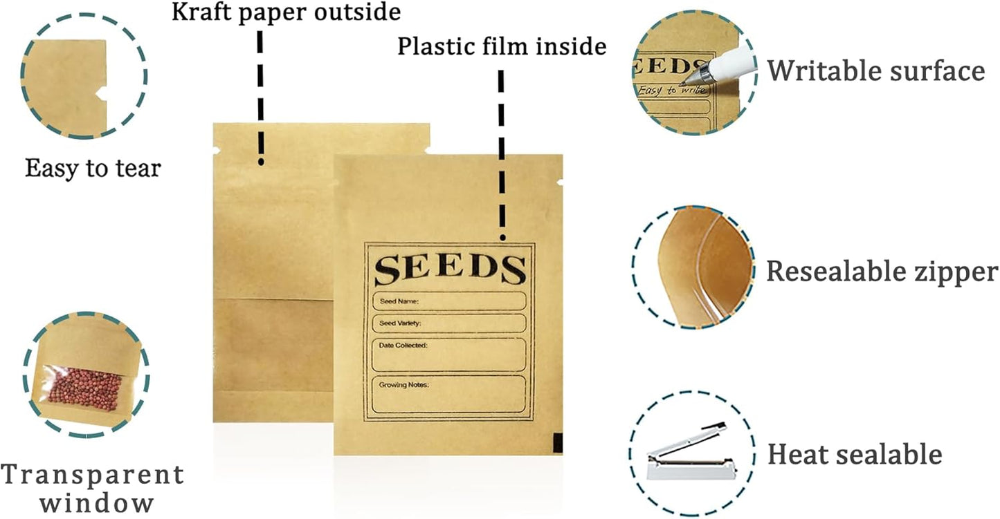 500 Pack Clear Window Small Resealable Seeds Packets Coin Envelopes 2.75x3.74 inch Brown Kraft Paper Sample Bag with Preprinted Seed Collecting Template for Seed Storage Organizer