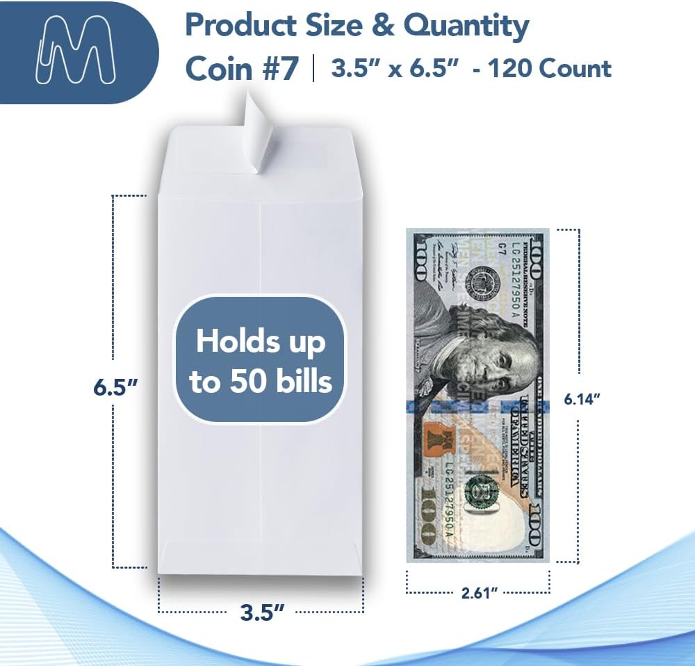 MOS #7 White Coin Envelopes 3.5 x 6.5 Inch 120 Pack — Self-Seal Money Envelopes for Cash, Budgeting, Savings Challenges, Seed Storage, Small Parts