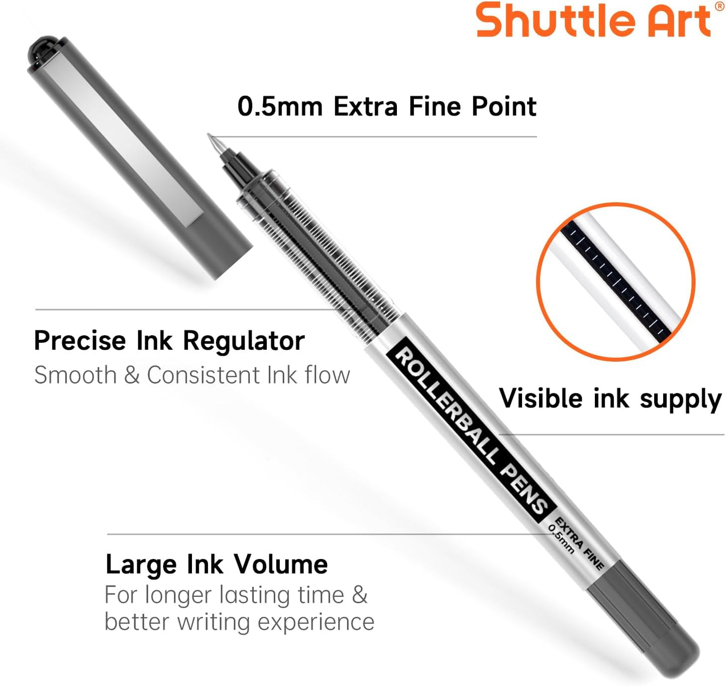 Shuttle Art Rollerball Pens, 10 Pack(8 black 1 blue 1 red) Liquid Ink Pens, 0.5mm Extra Fine Point, Quick Drying for Writing Journaling Taking Notes School Office