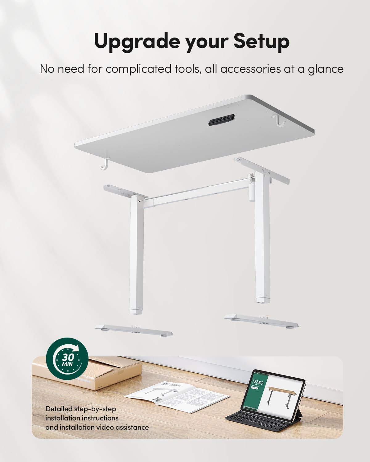 FEZIBO One-Piece Standing Desk Adjustable Height Stand up Home Office Desk, 32x24 Inch Electric Standing Computer Desk, with 4 Memory Presets, Fixable casters, White