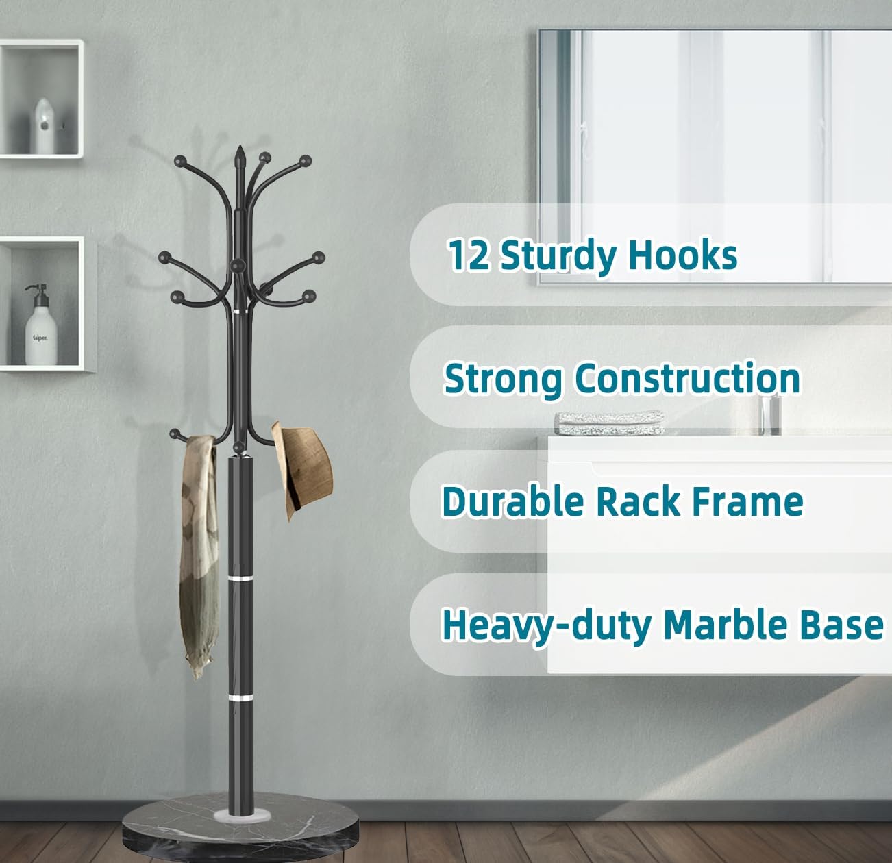 Coat Rack with Natural Marble Base, Metal Modern Coat Racks Freestanding, Coat Rack Stand with 12 Hooks, Coat Tree Hats Hanger Stand for Entryway, Hallway (12 Hooks-Black)
