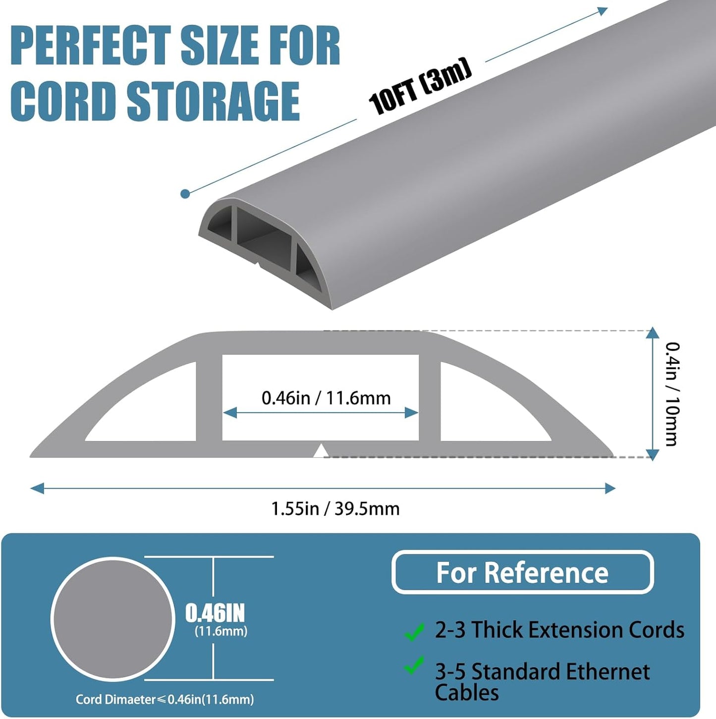 Floor Cord Covers for Wires 10FT Cable Hider Wire Coverr Self Adhesive Cord Hider Floor for Offices, Homes, Workshops, Warehouses Cable Cavity 0.51" W x 0.31" H