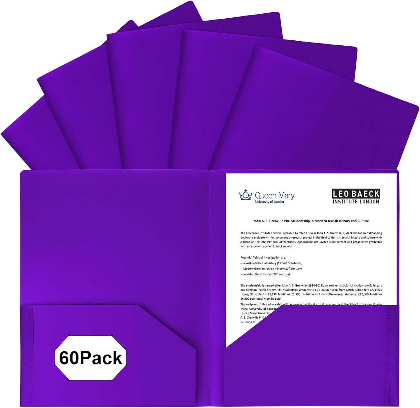60-Pack Plastic Folders with Pockets,2-Pocket Poly Folders Holds 8-1/2" x 11" Paper for School/Office/Home, Purple
