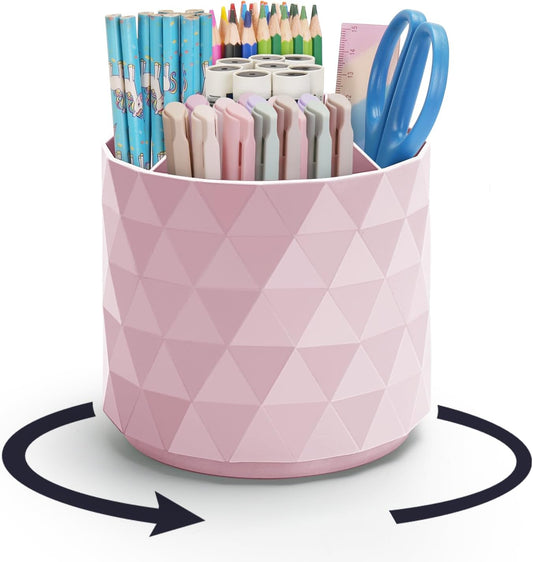 Desk Organizer,Sparkling Diamond-like Pen Holder for Desk 360°Rotating Office Accessories,Pencil Cup with 5 Compartments Storage Box Caddy for Office,School,Home,Art Supply(Pink)