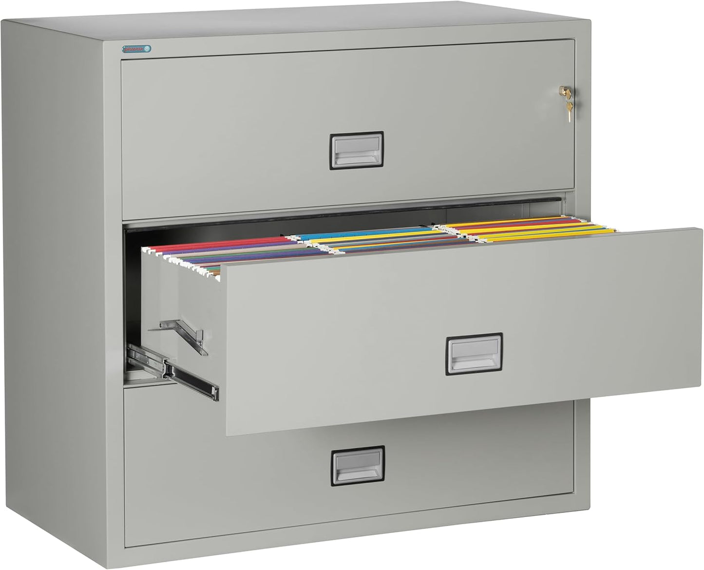 44 inch Wide 3-Drawer Lateral Fireproof File Cabinet – Legal and Letter Size Filing – Key Lock – Water Resistant – Fire Safe and Impact Rated – Light Gray Finish – Model LAT3W44LG