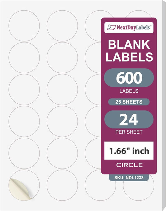 NextDayLabels - 1.66 Inch Round Circle Stickers - Matte White Blank Laser/Inkjet Printer Labels (600) - 25 Sheets, 24 Per Sheet
