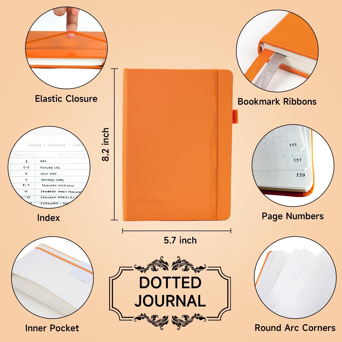 feela Dotted Journal Kit, Dot Grid Journal Hardcover Planner Notebook Set For Beginners Women Girls Note Taking with Journaling Supplies Stencils Stickers Pens Accessories, A5, 224 Pages, Orange