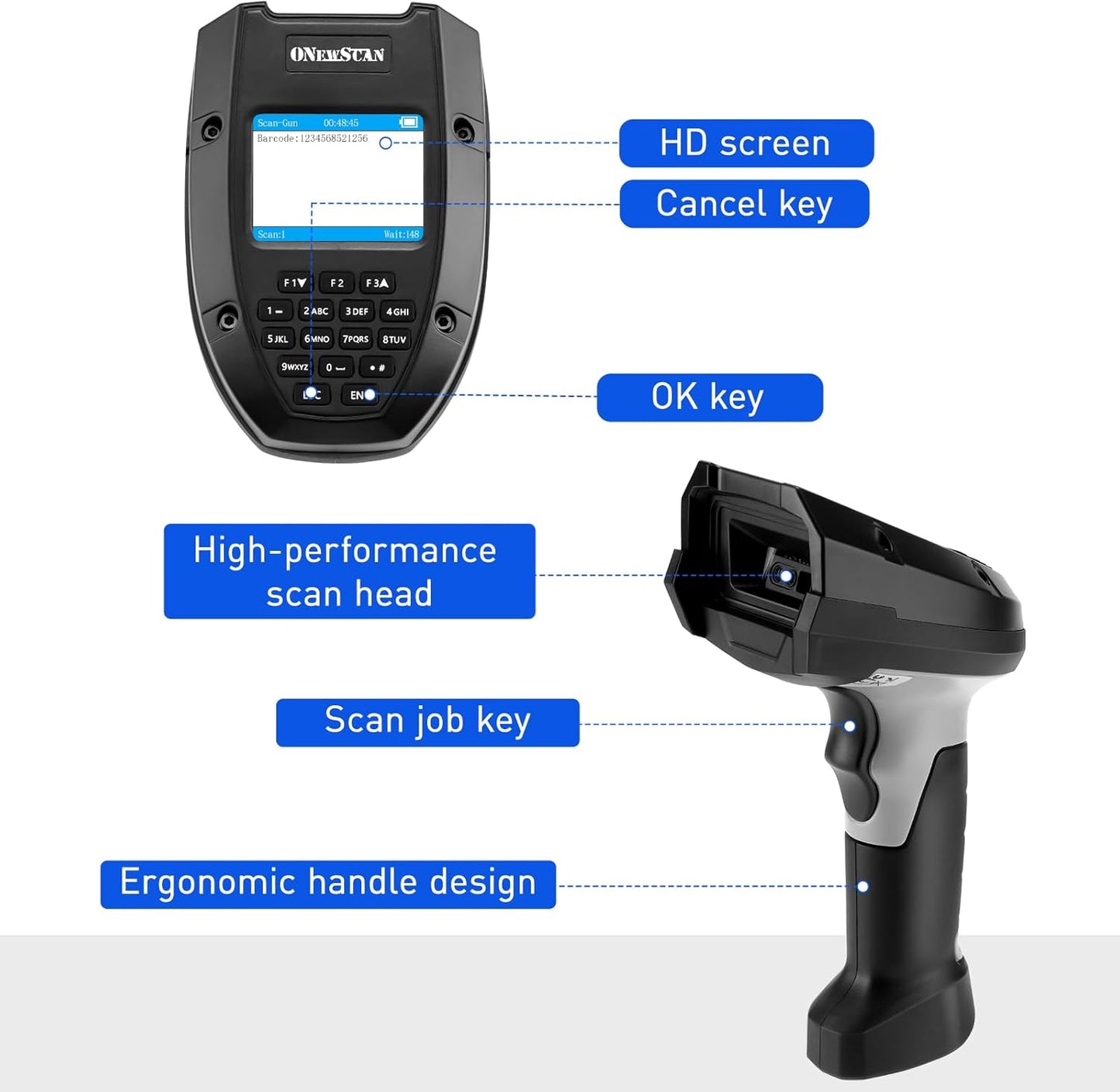 Inventory Scanner Wireless, Onewscan Barcode Scanner with Charging Base 1D Read Screen Data Collector Data Terminal 2.4G Wireless & USB Connection Bar Code Scanners with 2" LCD Screen