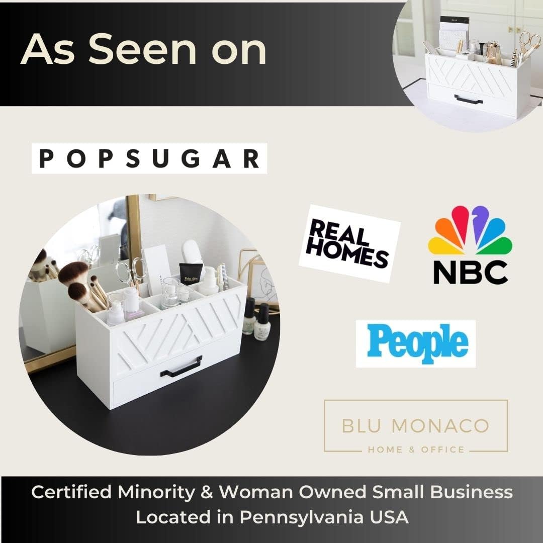 BLU MONACO Stylish White Wooden Pen Holder for Desk: Keep Pens, Markers, and More Organized. With 6 Storage Compartments and a Drawer. Pencil Holder, Marker Storage, and Desk Organizers