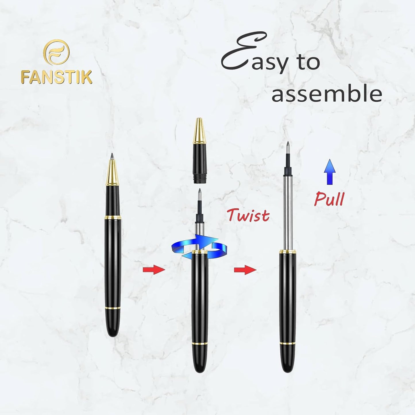 Customized RollerBall pen with name (MADE IN USA), stainless steel, black and gold, luxury engraved pen personalized for men and for women. (RollerBall Black-Gold)