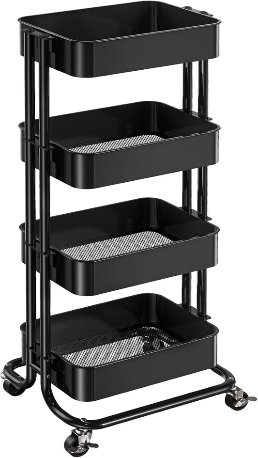 Pipishell 4 Tier Metal Rolling Utility Cart, Heavy-Duty Storage Rolling Cart with 2 Lockable Wheels, Multifunctional Mesh Organization Utility Cart for Kitchen Dining Room Living Room, PIUC13B