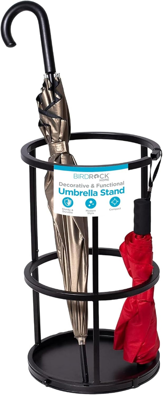 BIRDROCK HOME Circular Umbrella Holder with Removable Drip Tray - Stand for Umbrellas - Entryway - Decorative Metal Freestanding Rack Organizer - Cane Walking Stick Holder - Black